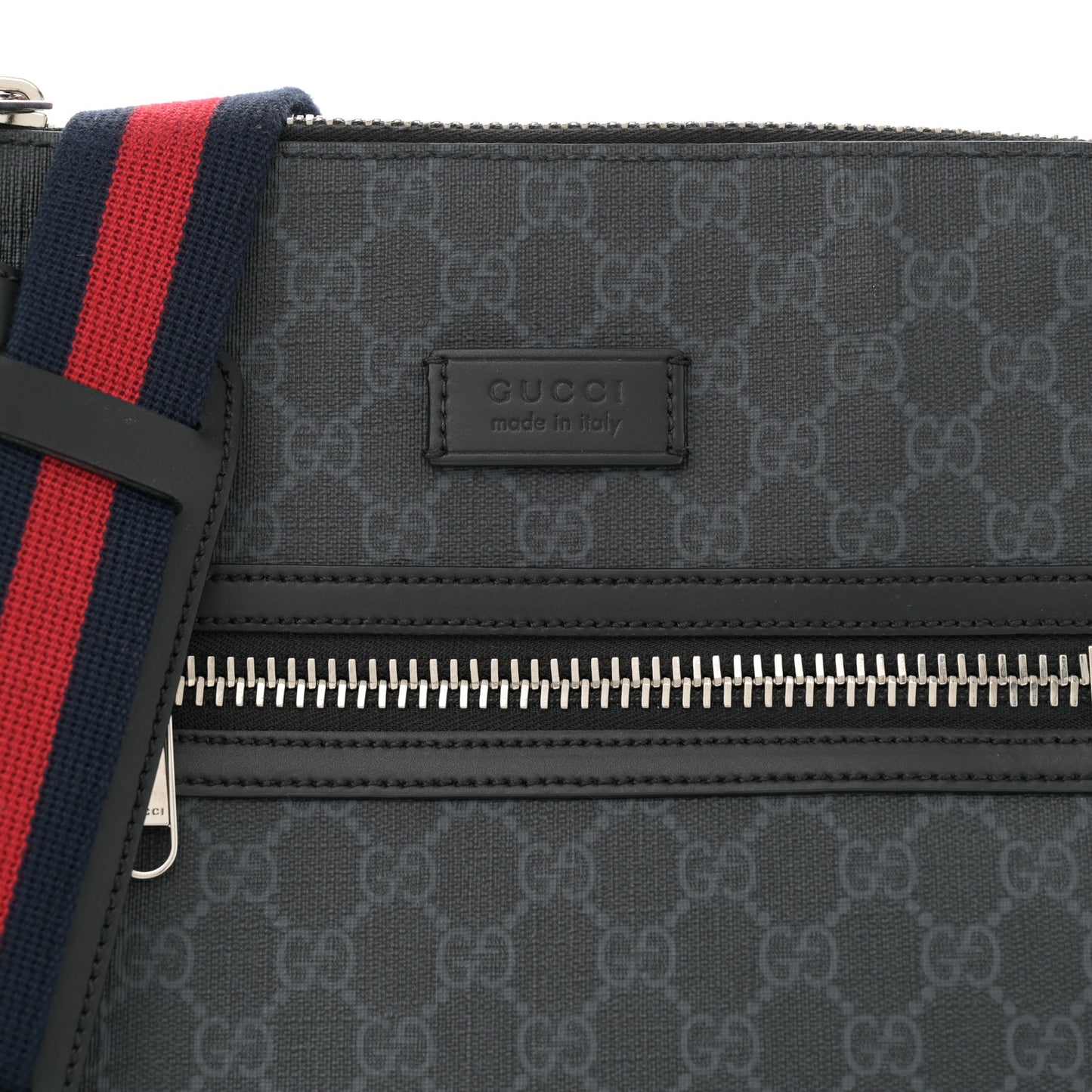 GG Supreme Monogram Appia Calfskin Web Flat Messenger Bag Black Grey
