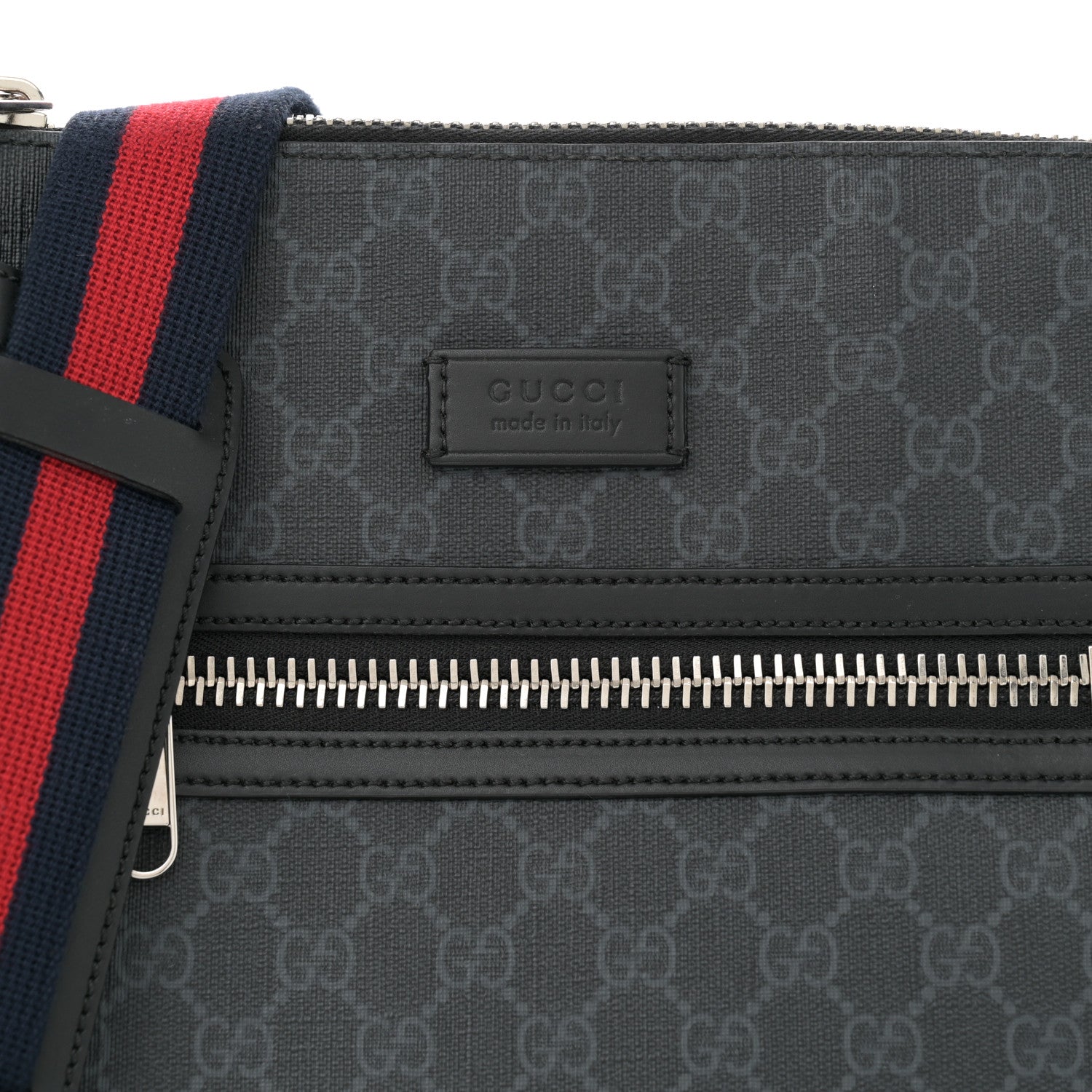 Gucci GG Supreme Monogram Appia Calfskin Web Flat Messenger Bag Black Grey 8 of 10