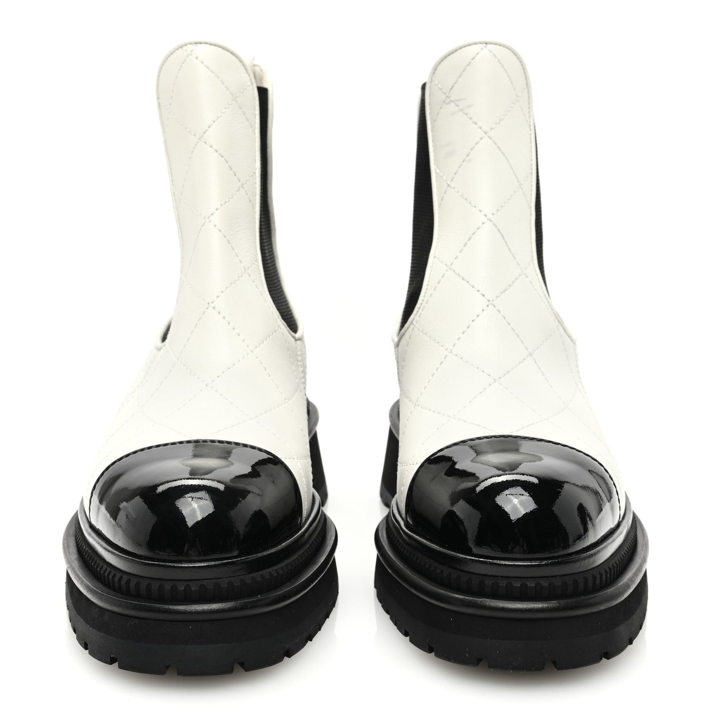 Calfskin Patent Cap Toe Quilted Short Boots 36 White Black