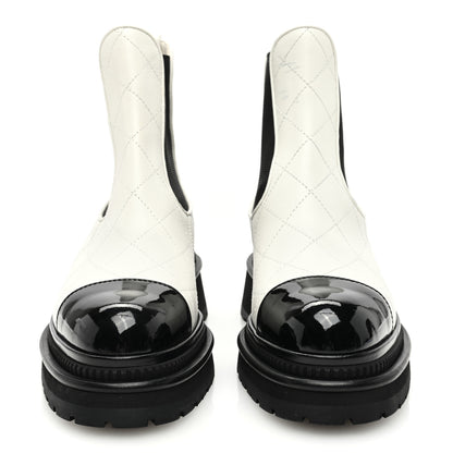 Chanel Calfskin Patent Cap Toe Quilted Short Boots 36 White Black 3 of 9