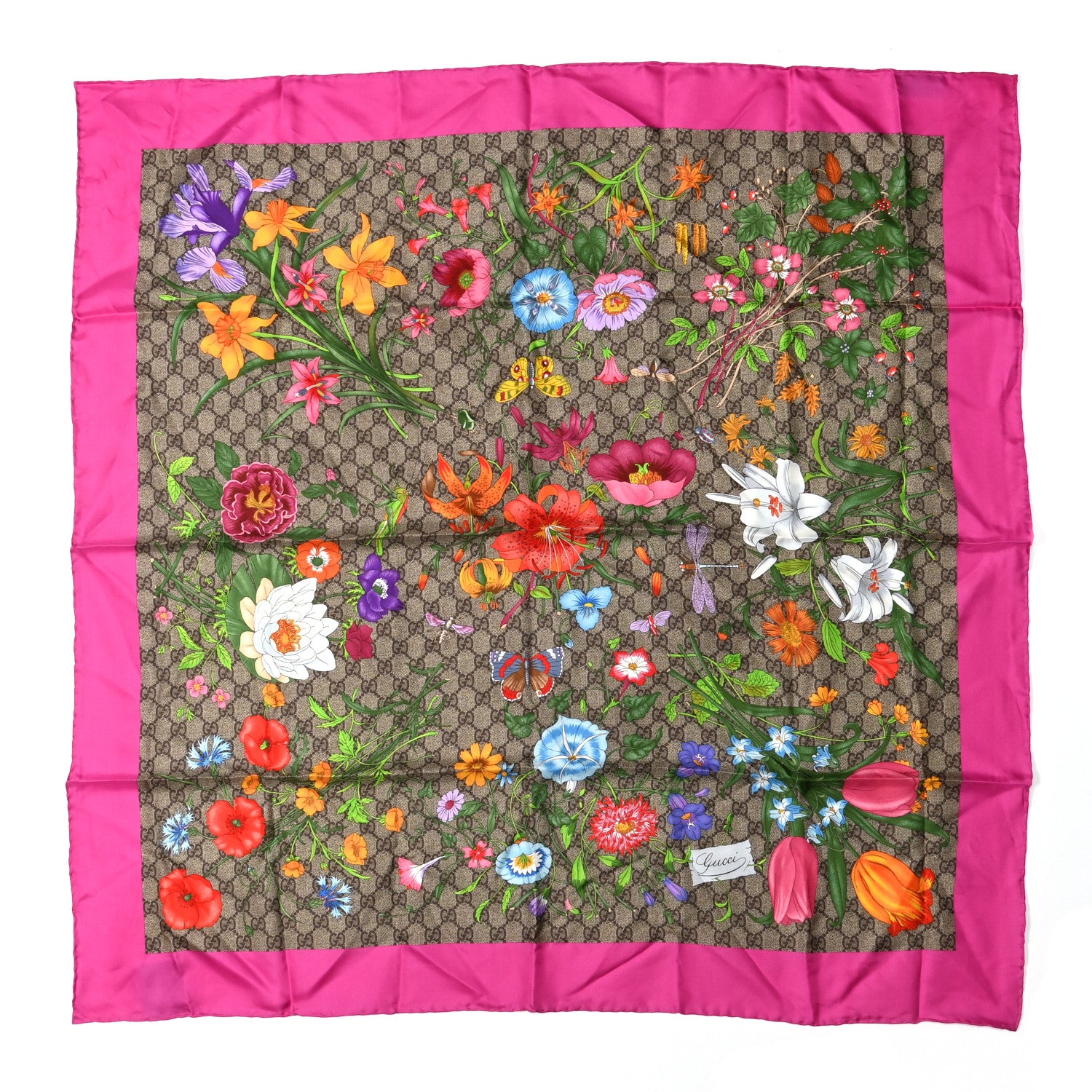 Gucci Silk Twill GG Monogram Flora Fluo GG Square Scarf Beige Pink 1 of 4