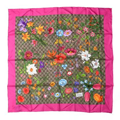 Gucci Silk Twill GG Monogram Flora Fluo GG Square Scarf Beige Pink 1 of 4