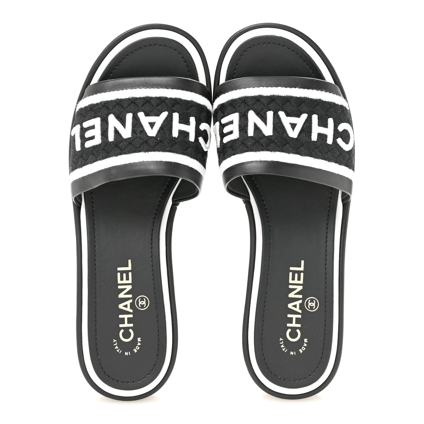 Lambskin Embroidered CC Mule Sandal 38.5 Black White
