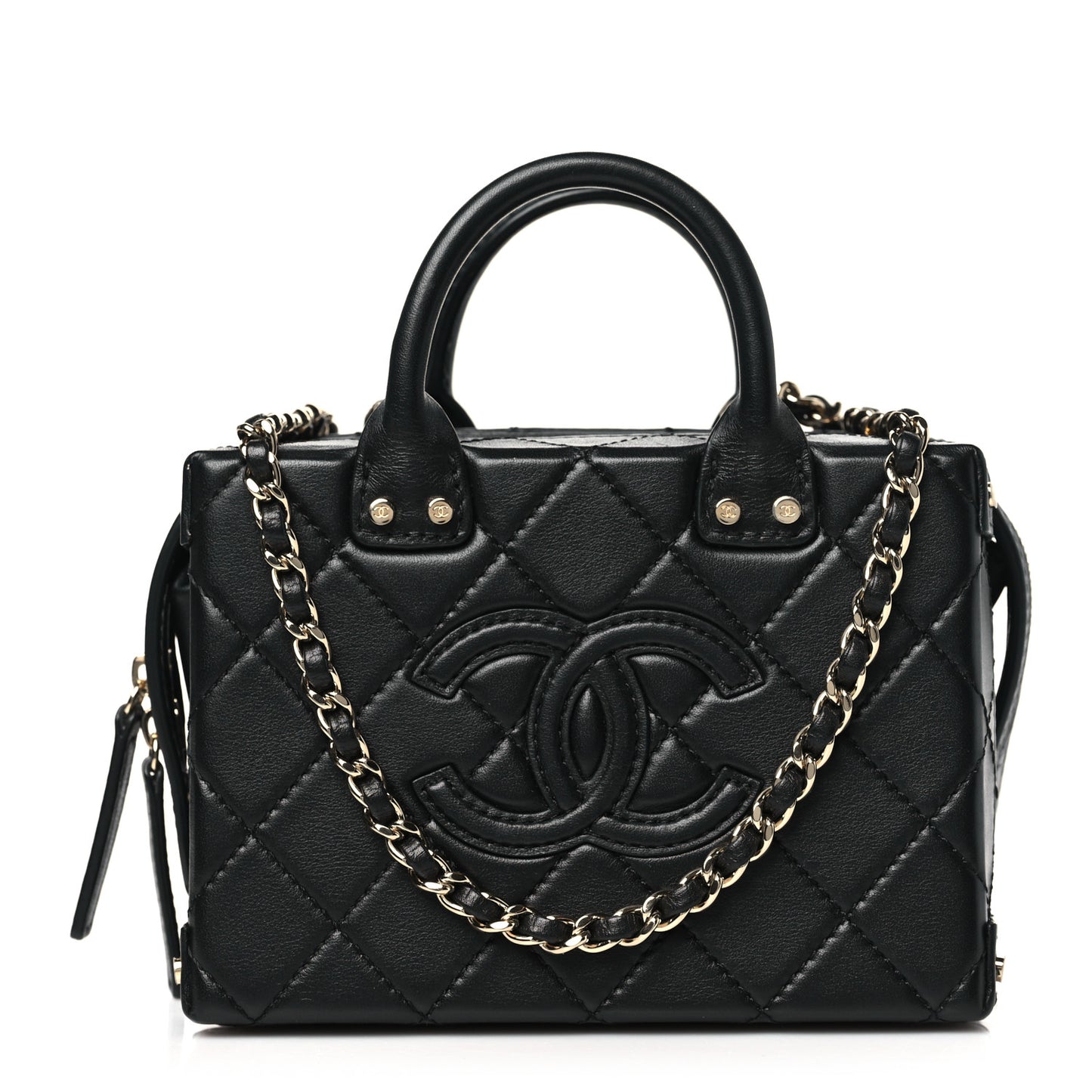 Calfskin Quilted Small Studded Square Vanity Case Black