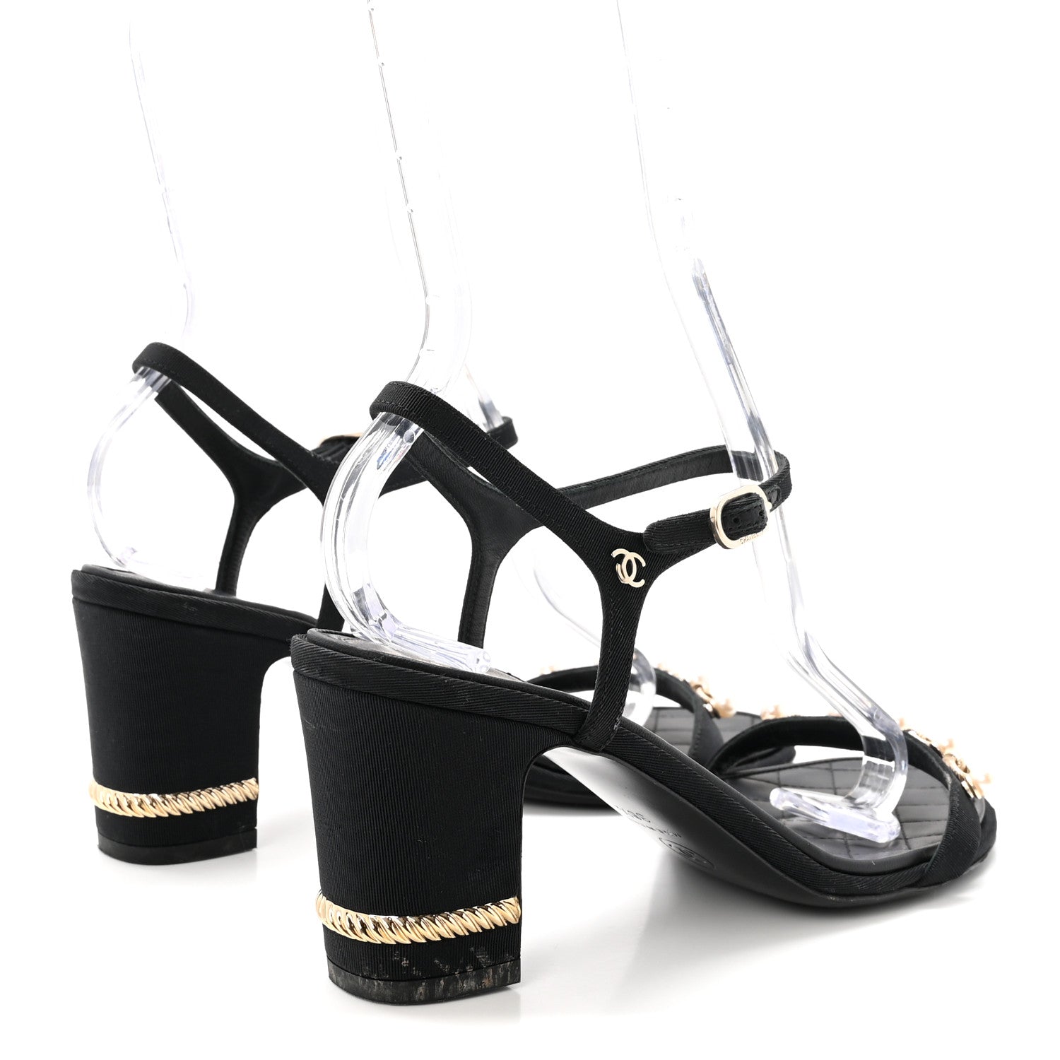 Chanel Grosgrain Pearl Chain CC Sandals 37.5 Black 5 of 8