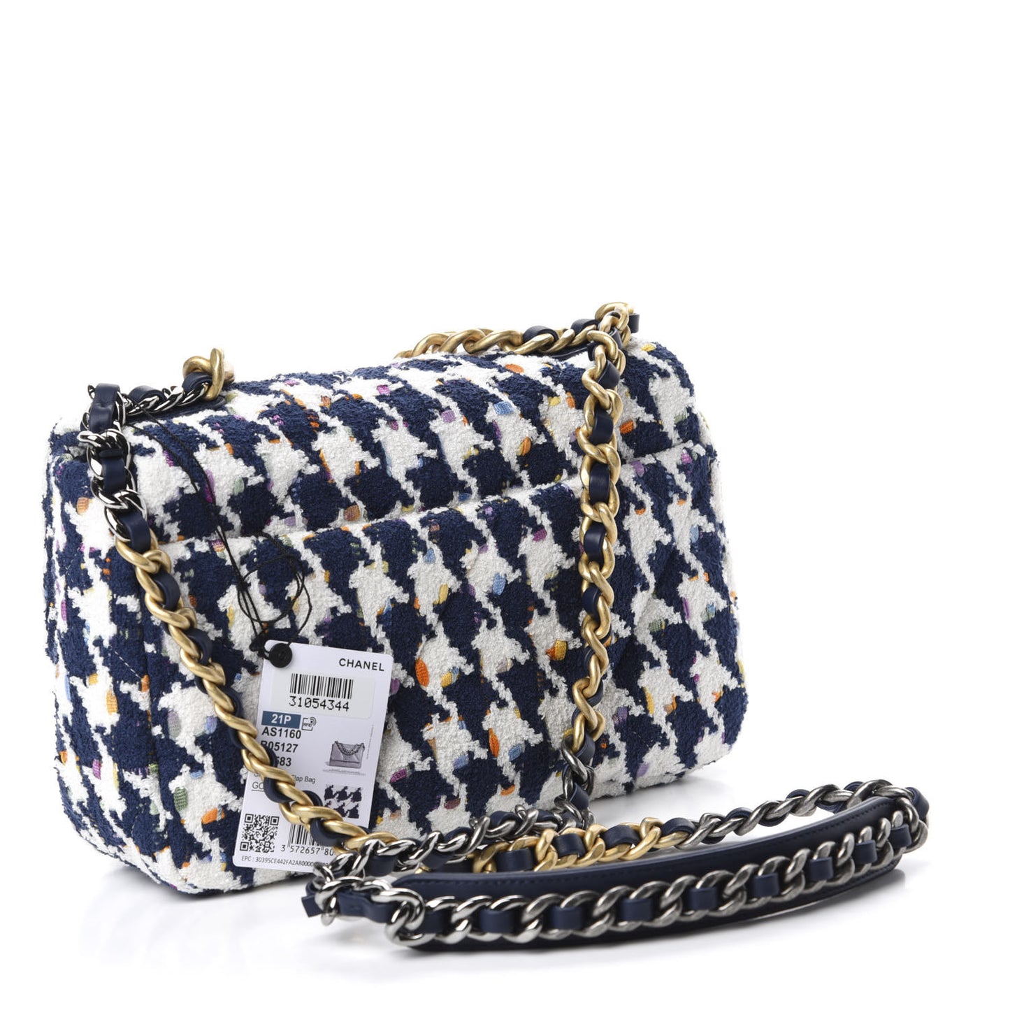 Tweed Quilted Medium 19 Flap Ecru Navy Blue Multicolor