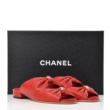 Chanel Lambskin Pearl Bow CC Flat Sandals 37 Red 10 of 10