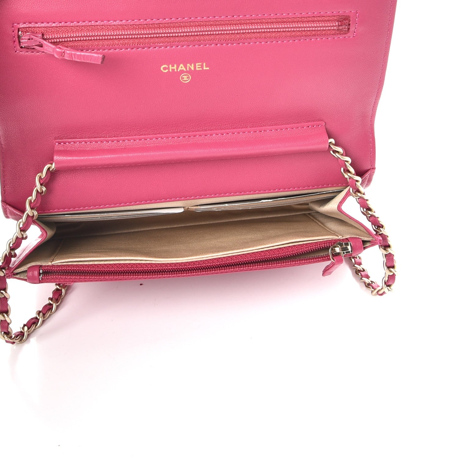 Chanel Lambskin Camellia Embossed Wallet on Chain WOC Fuchsia 5 of 9