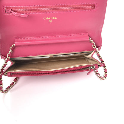Chanel Lambskin Camellia Embossed Wallet on Chain WOC Fuchsia 5 of 9