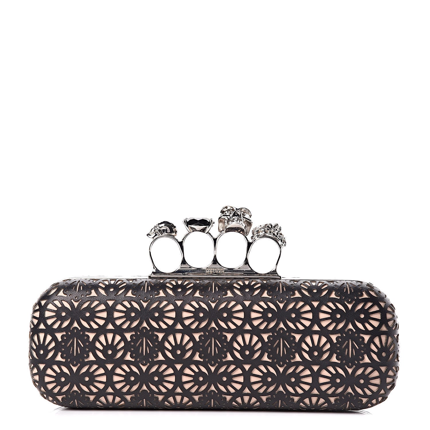 Alexander McQueen Calfskin Classic Bistrot Skull Knuckle Box Clutch Black Beige 1 of 11