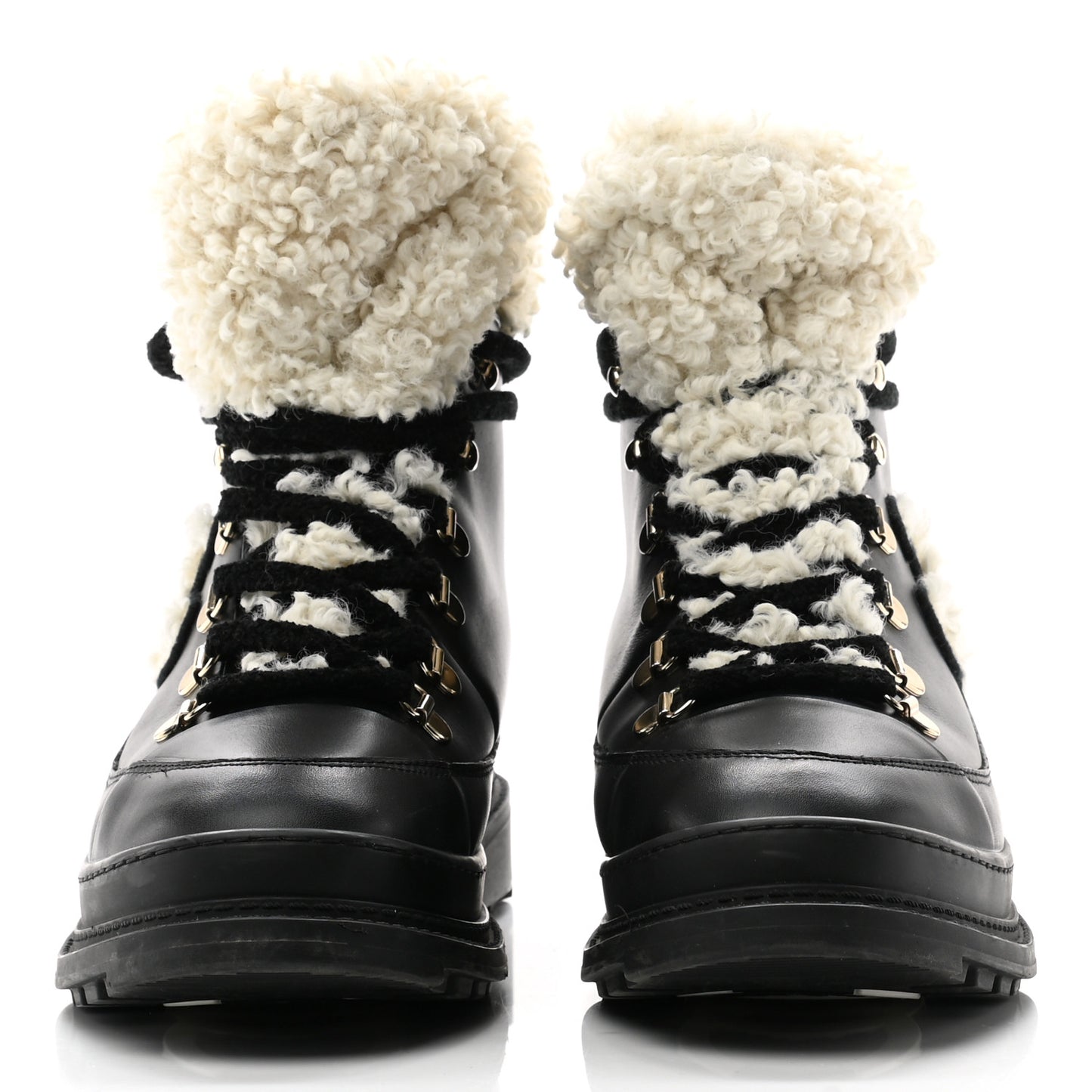 Calfskin Shearling CC Lace Up Boots 38 Black
