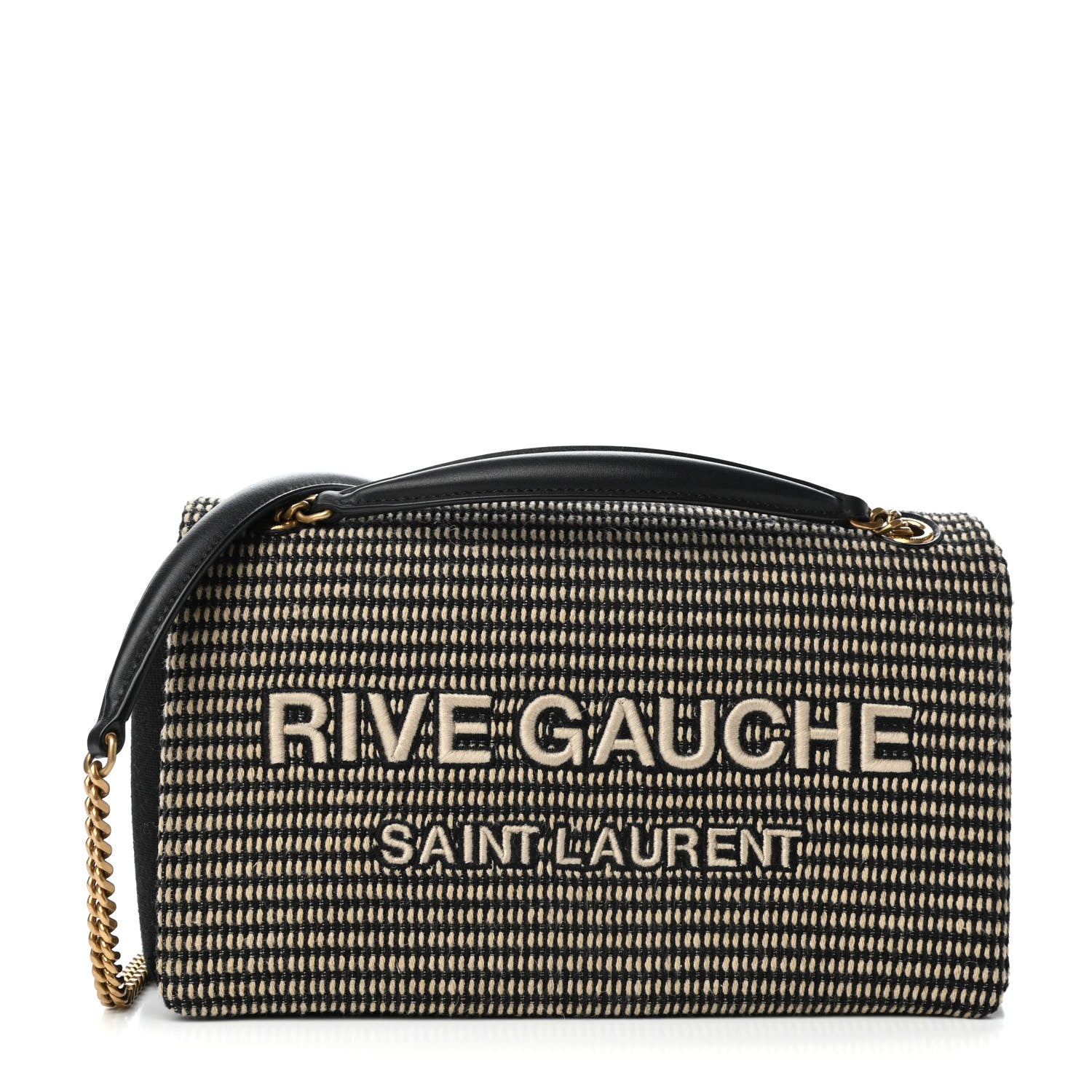 Saint Laurent Cotton Embroidered Rive Gauche Noe Chain Bag Black Beige 1 of 9