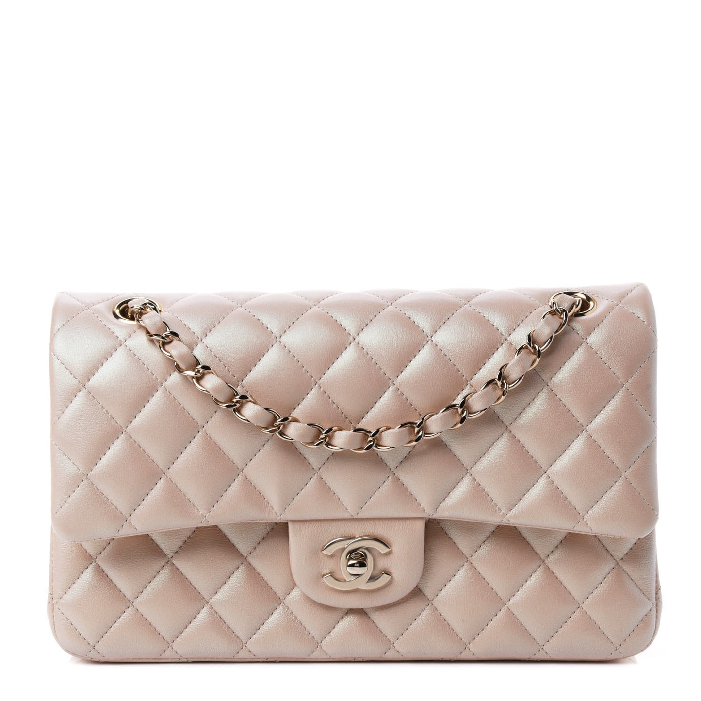 Iridescent Calfskin Quilted Medium Double Flap Beige