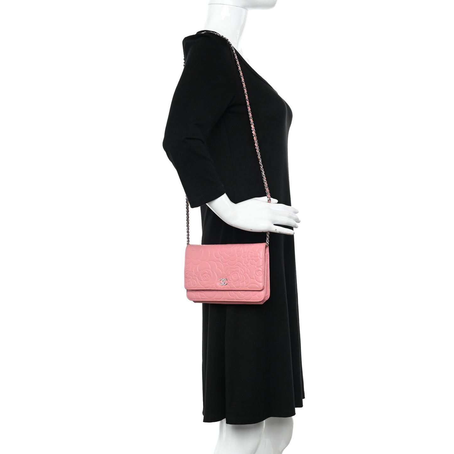 Lambskin Camellia Embossed Wallet On Chain WOC Pink