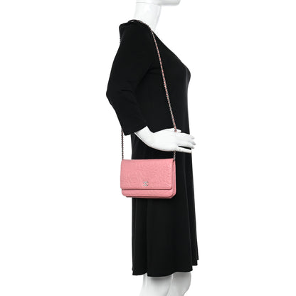 Chanel Lambskin Camellia Embossed Wallet On Chain WOC Pink 2 of 18