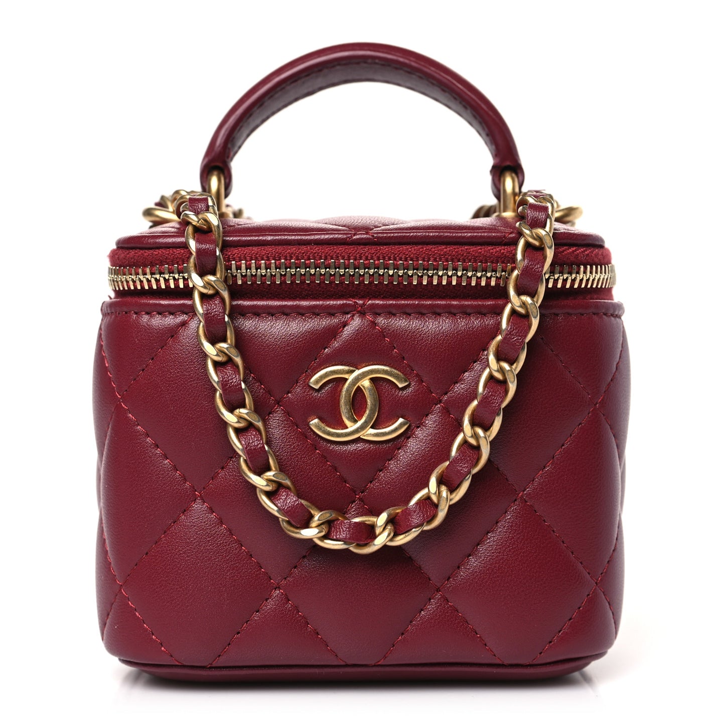 Lambskin Quilted Mini Top Handle Vanity Case With Chain Burgundy
