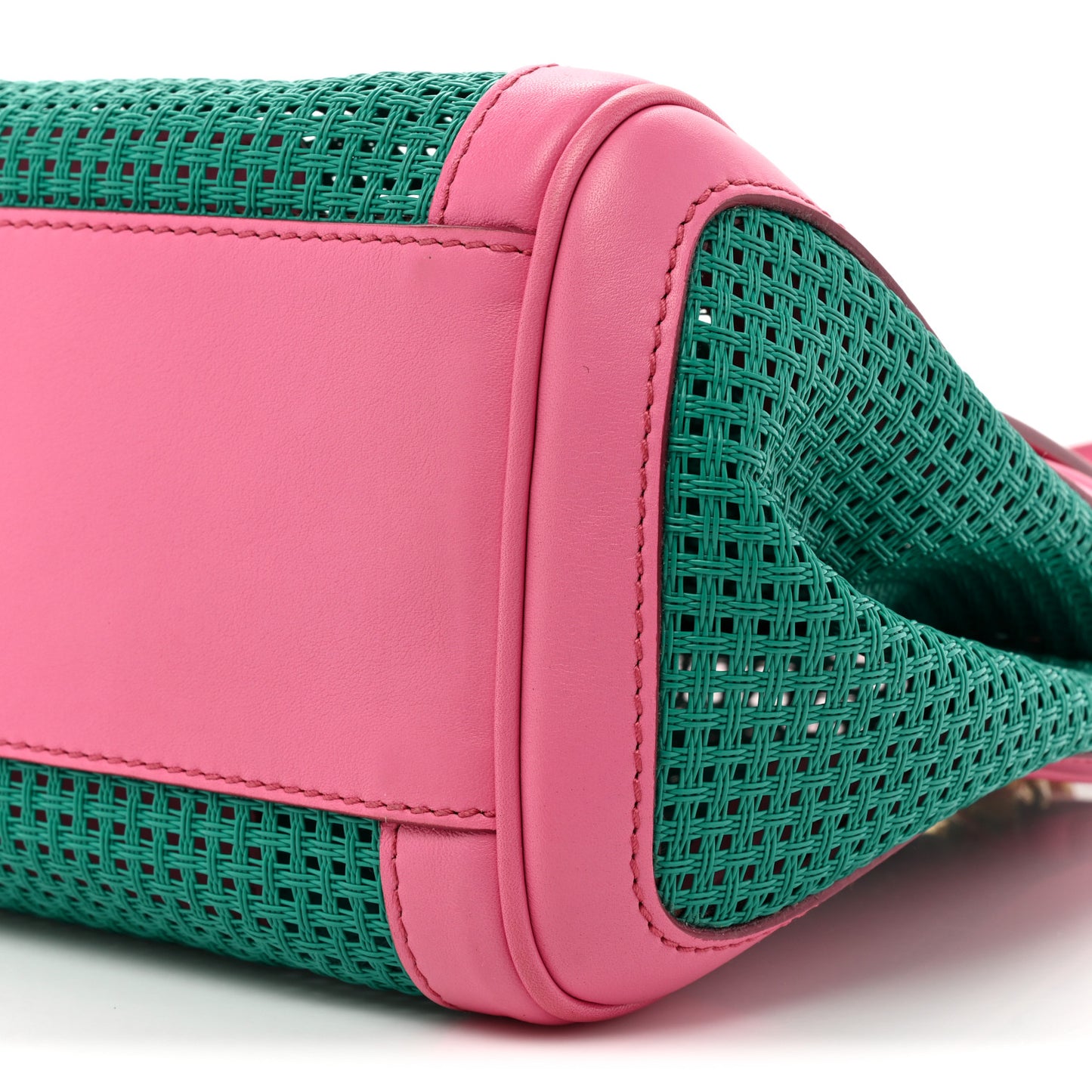 Woven Raffia Calfskin Large Miss Sicily Satchel Green Pink