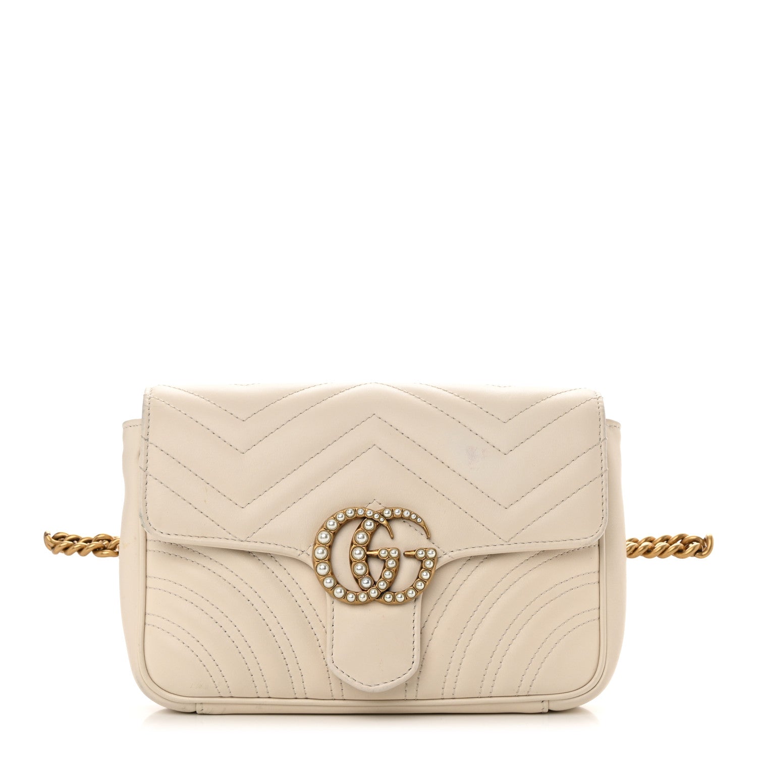Gucci Calfskin Matelasse Pearly GG Marmont Chain Belt Bag Mystic White 1 of 19