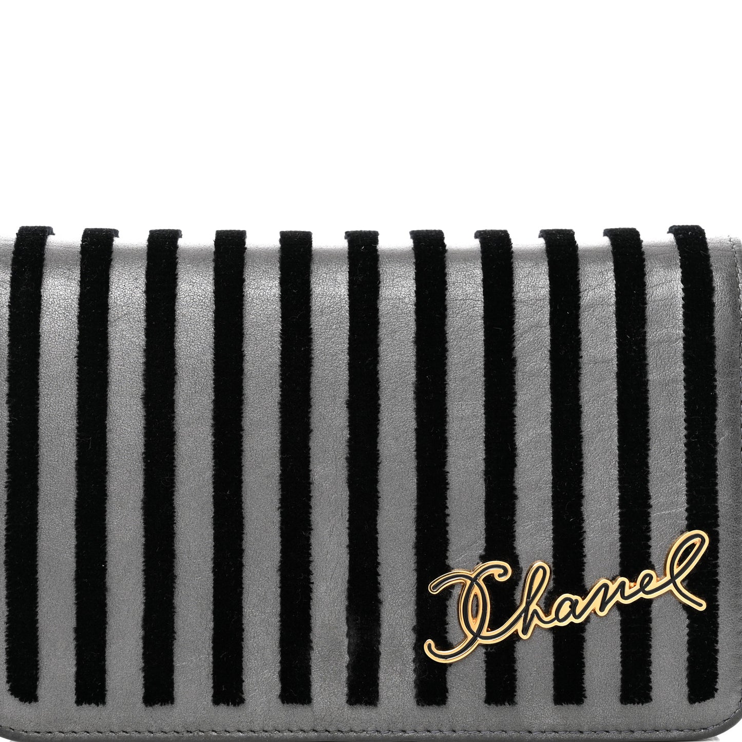 Iridescent Calfskin Velvet Stripe Wallet On Chain WOC Charcoal