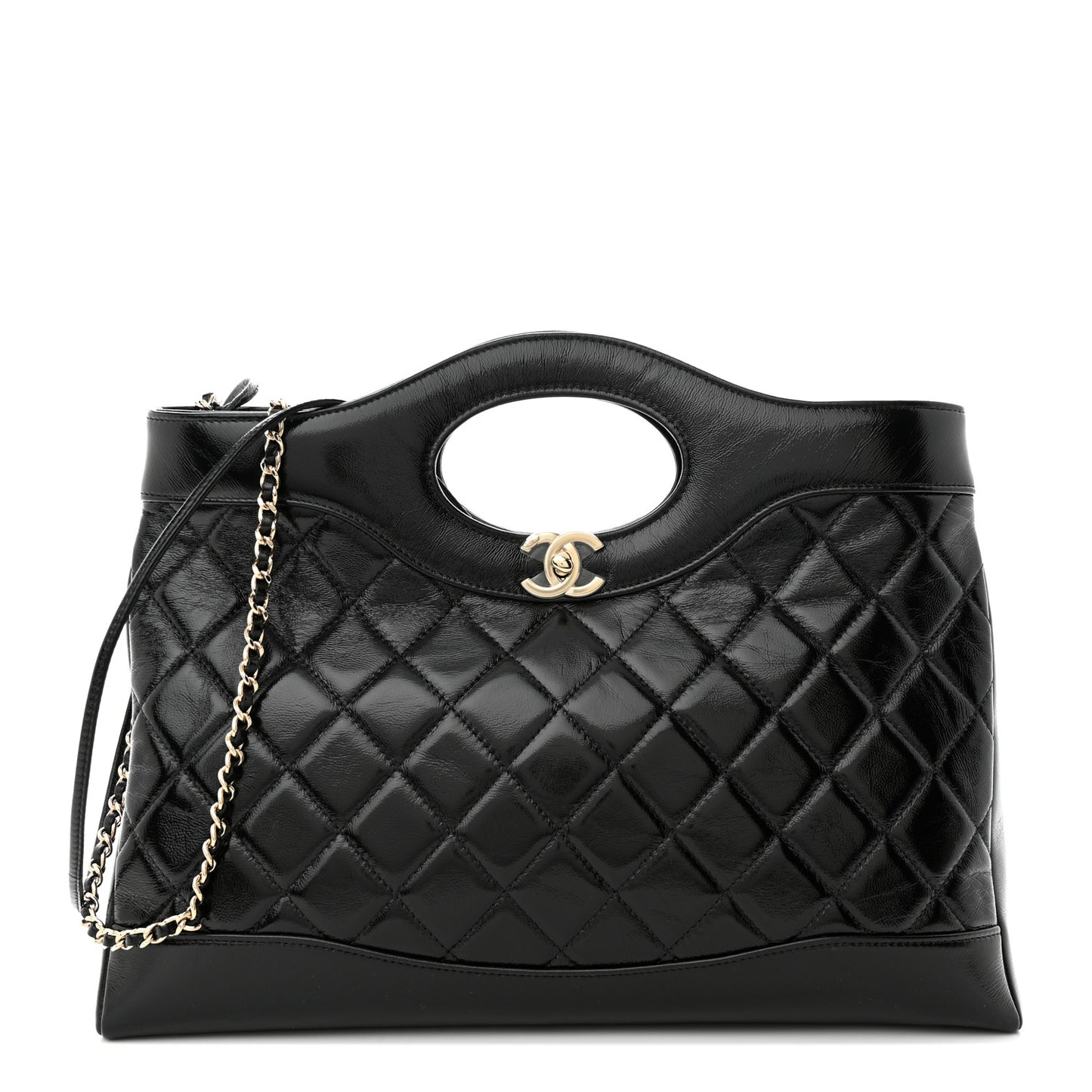 Shiny Lambskin Quilted 31 Shopping Bag Black