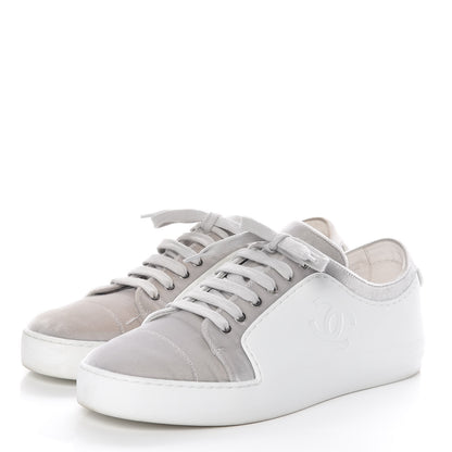 Chanel Calfskin Velvet Womens CC Sneakers 40.5 White Silver 3 of 13