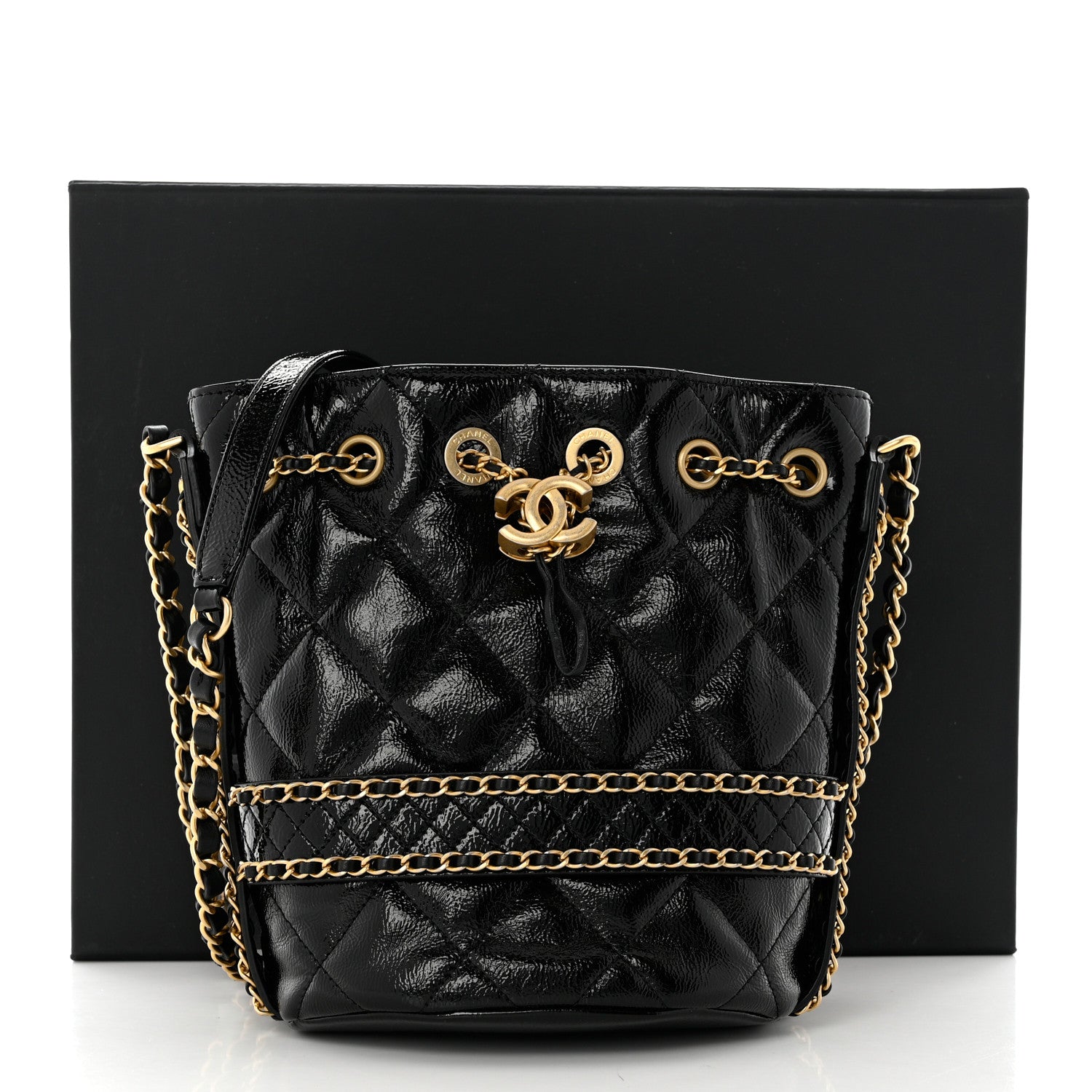 Chanel Shiny Aged Calfskin Quilted Chain Bucket Drawstring Bag Black 11 of 11