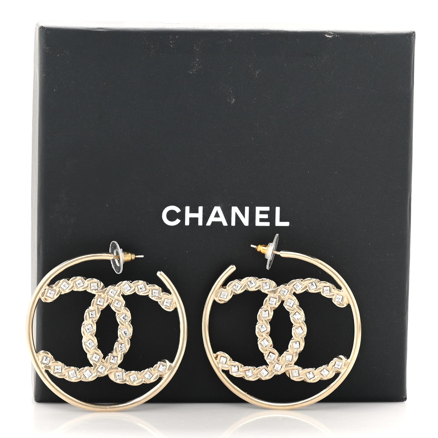 Chanel Crystal High Society CC Hoop Earrings Gold 5 of 5