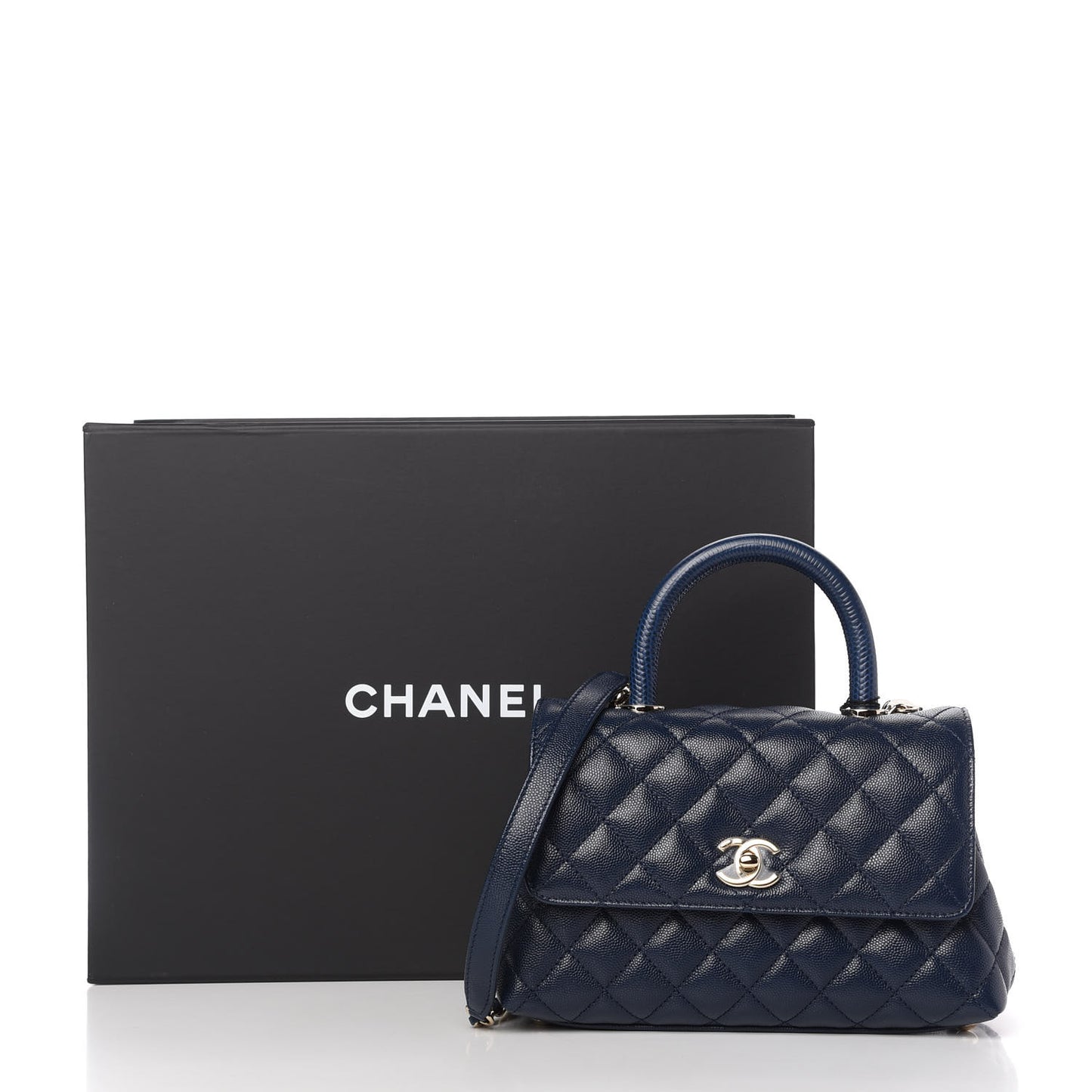 Caviar Quilted Lizard Embossed Mini Coco Handle Flap Navy