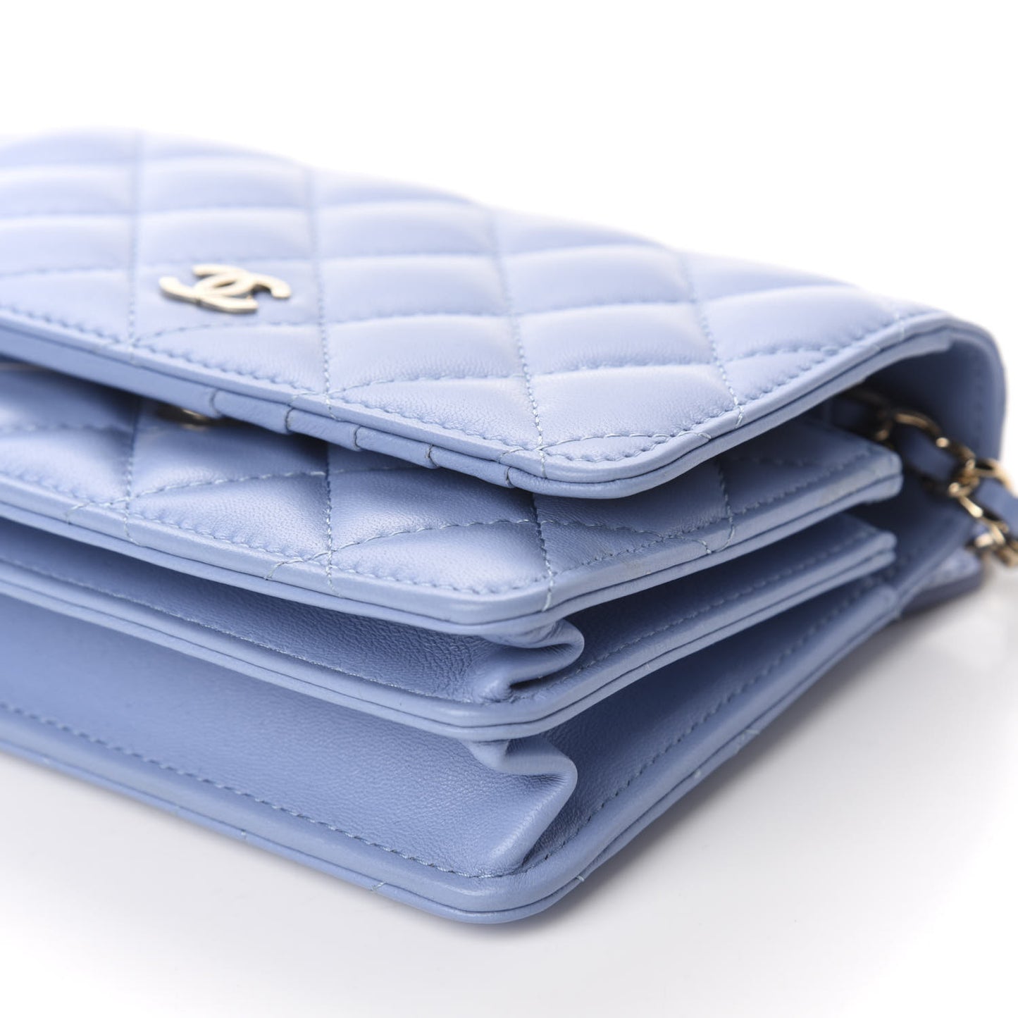 Lambskin Quilted Mini Wallet On Chain WOC Light Blue