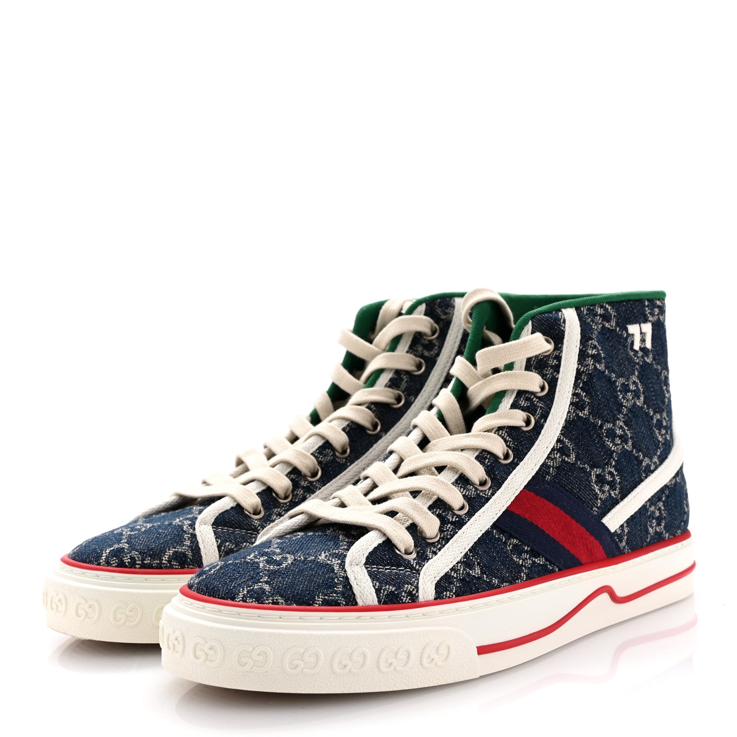 Gucci New Denim GG Monogram Web Womens 1977 Tennis High Top Sneakers 39 Blue Tea Mystic White 4 of 10
