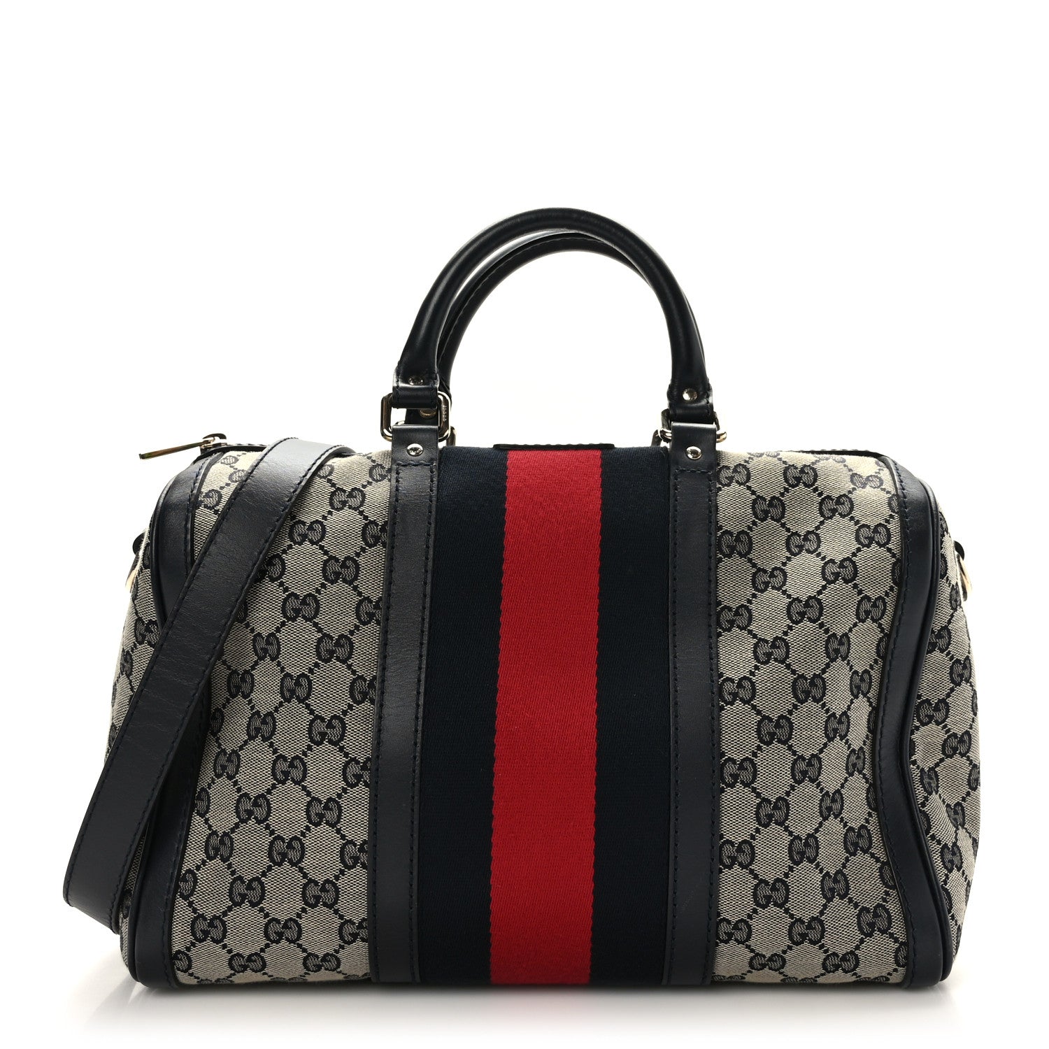 Gucci Monogram Selleria Calfskin Vintage Web Medium Boston Beige Blue 1 of 11