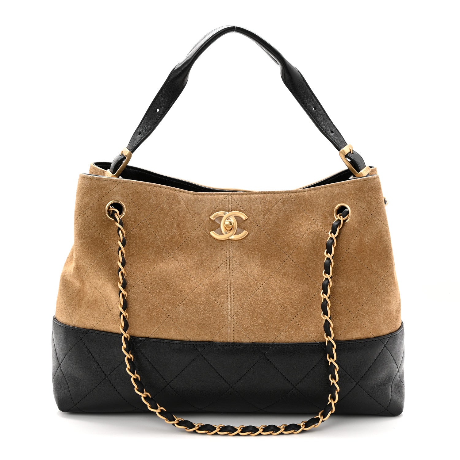 Chanel Suede Calfskin Shiny Lambskin Quilted Small Coco Base Shopping Bag Beige Black 1 of 10