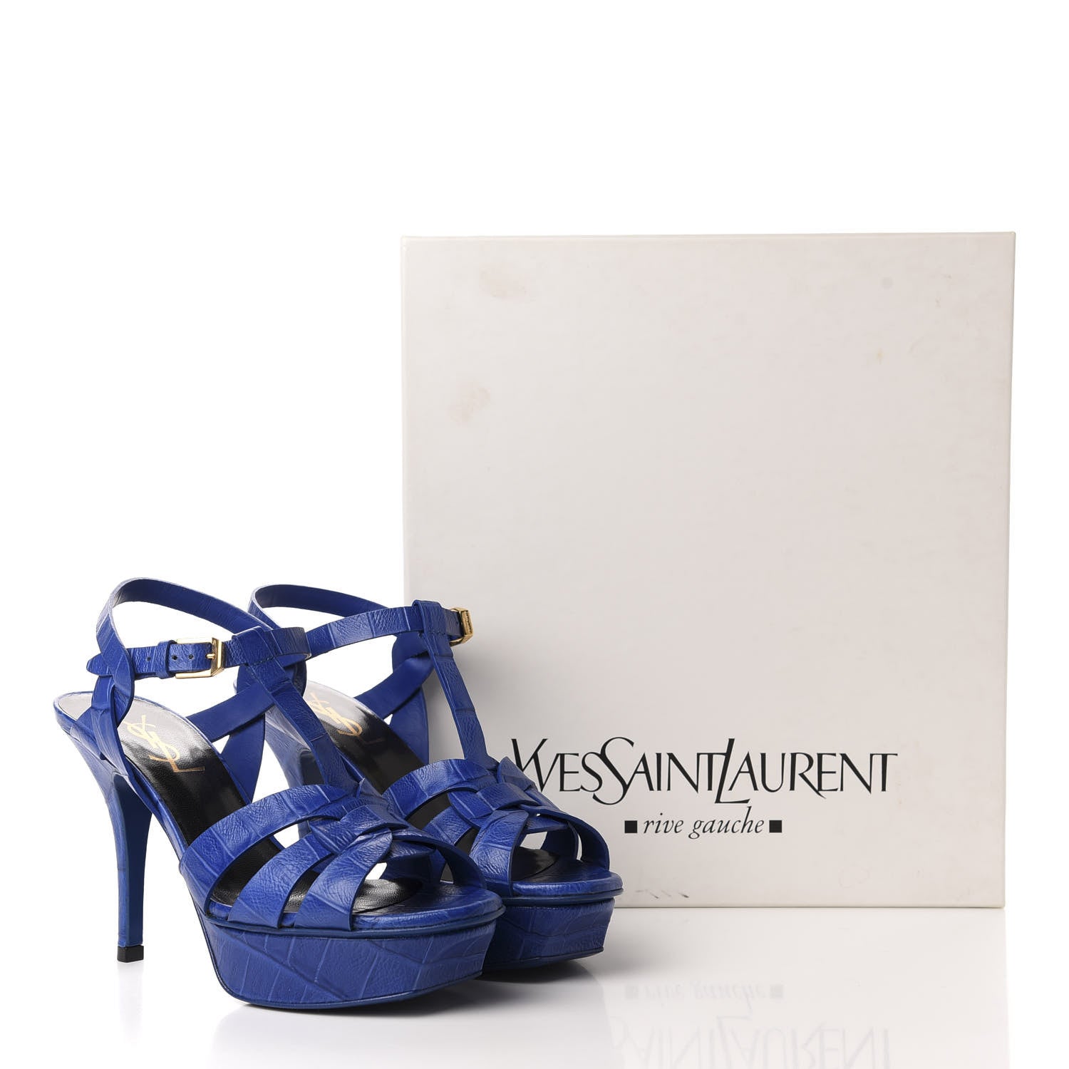 Saint Laurent Crocodile Embossed Leather Tribute 75 Platform Sandals 35 Blue Majorelle 10 of 10