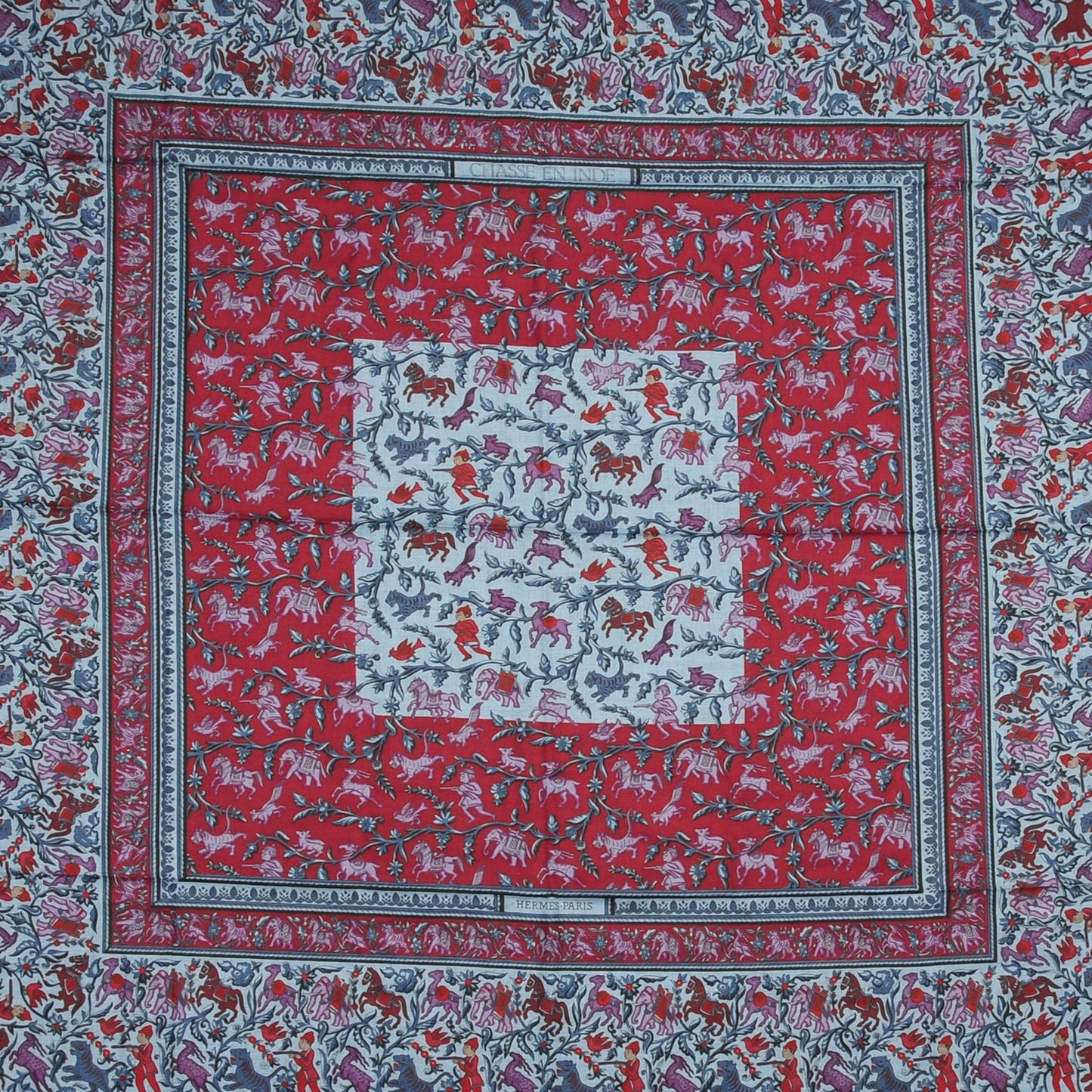 Cashmere Silk Chasse En Inde Shawl 140 Bleu Chine Violet Blue Jean