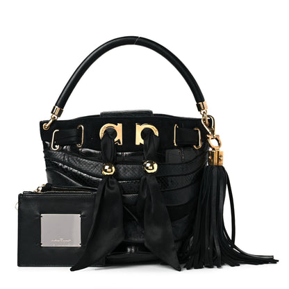 Salvatore Ferragamo Snakeskin Alligator Ostrich Lizard Suede Drawstring Tassel Bucket Bag Black 1 of 5