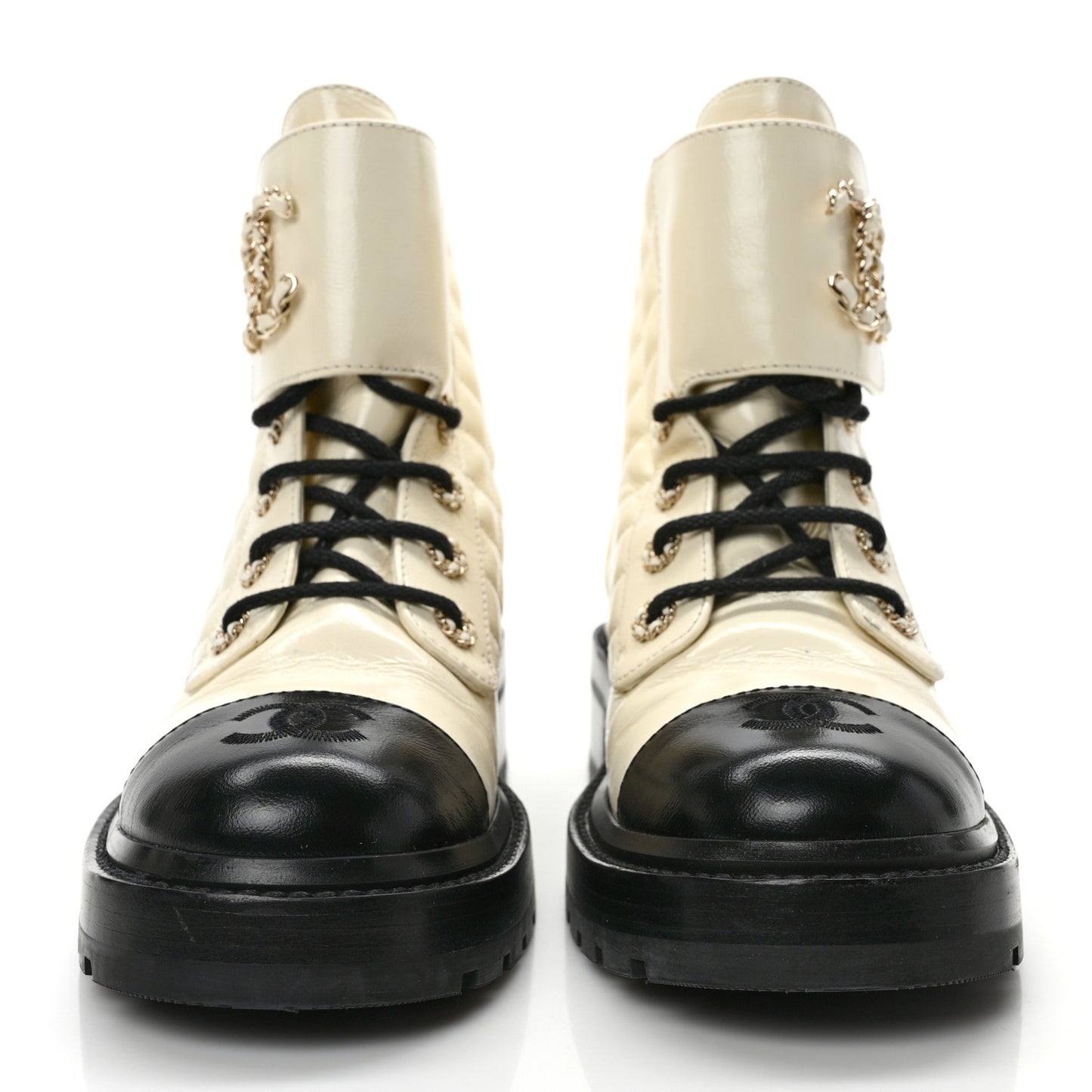 Shiny Goatskin Calfskin Quilted Lace Up Combat Boots 38.5 White Black