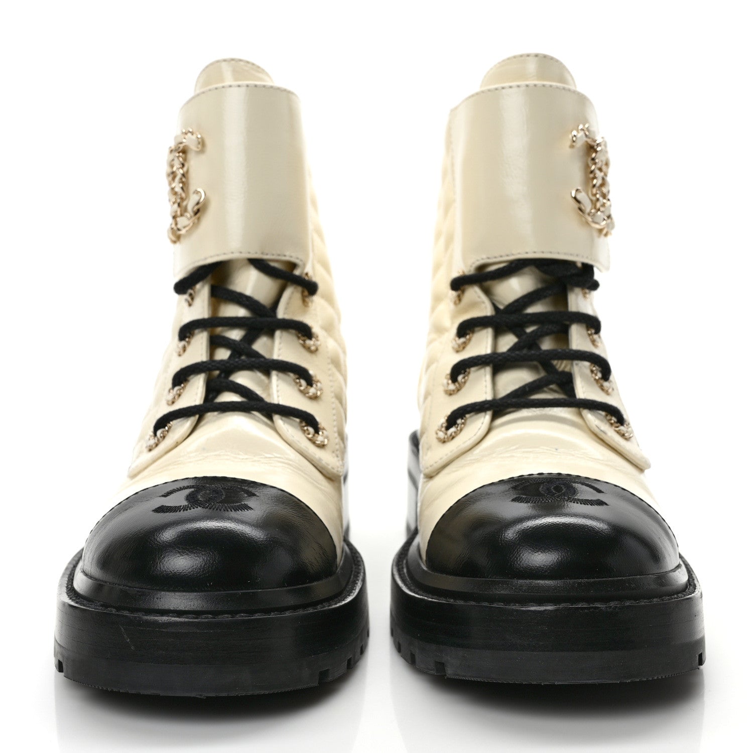 Chanel Shiny Goatskin Calfskin Quilted Lace Up Combat Boots 38.5 White Black 2 of 10