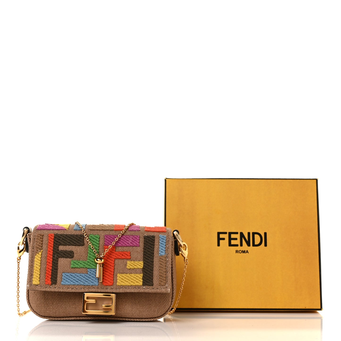 Canvas Vitello King FF Multicolor Embroidered Nano Baguette Charm Multicolor Cuoio