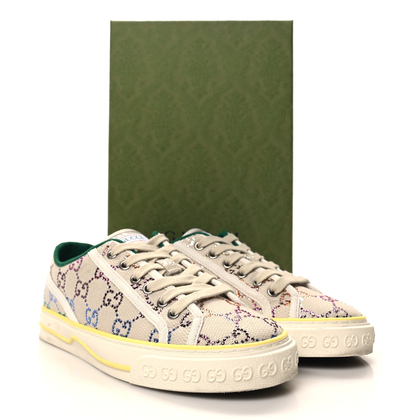 Canvas Lame Crystal GG Monogram Womens 1977 Tennis Sneakers 39 Gardenia Silver Mystic White
