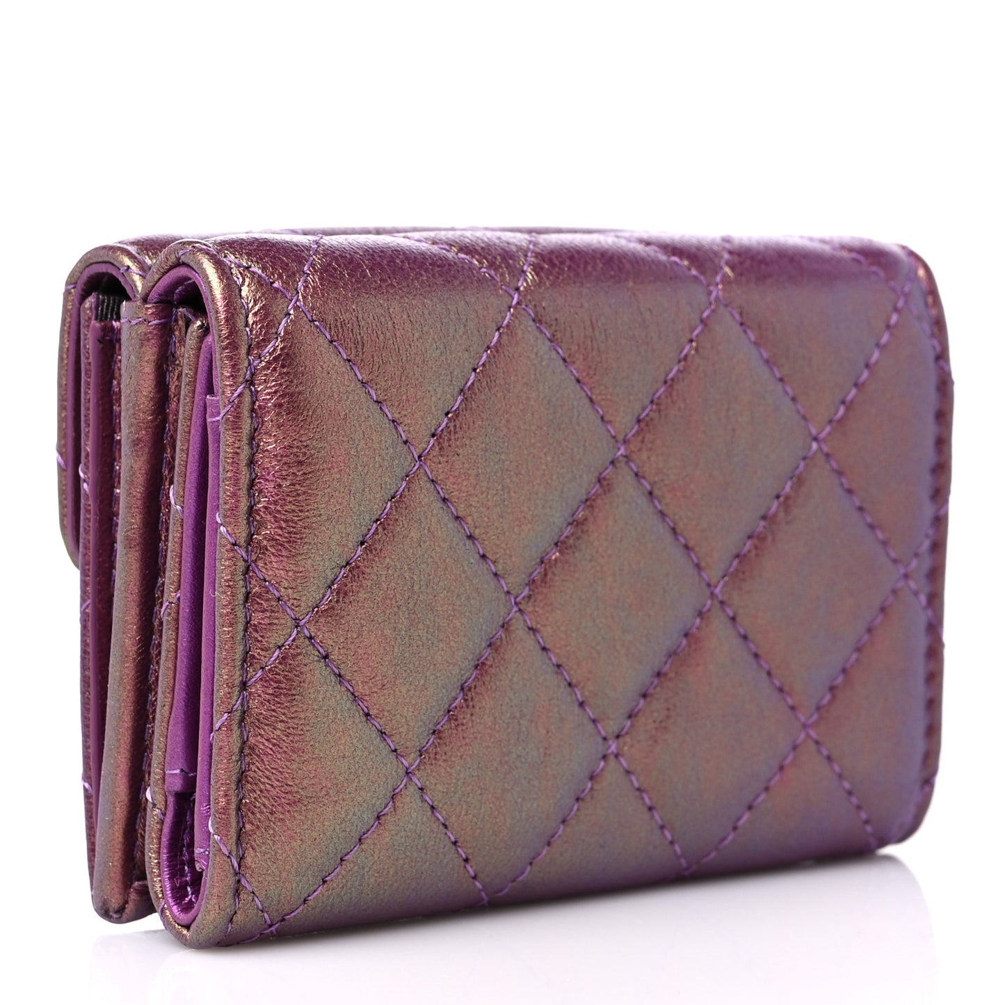 Iridescent Lambskin Small Quilted Flap Wallet Purple
