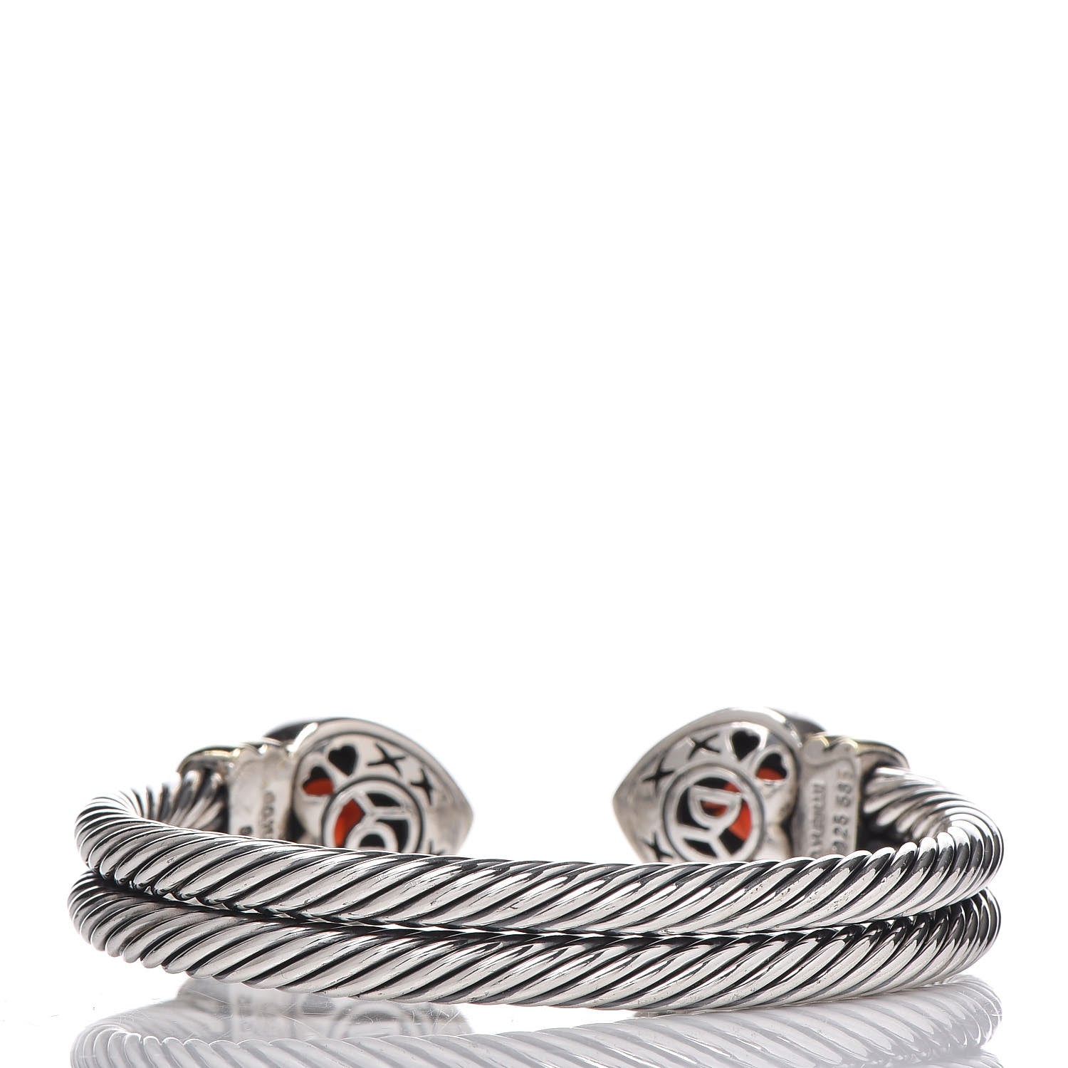 David Yurman Sterling Silver 14K Yellow Gold Garnet Heart Double Cable Cuff Bracelet 8 of 11