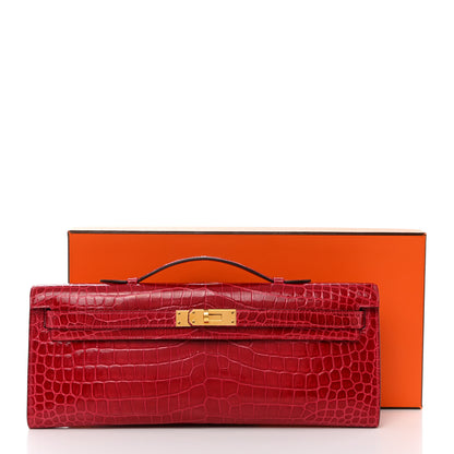 Hermes Shiny Porosus Crocodile Kelly Cut Pochette Rouge Vif 11 of 11
