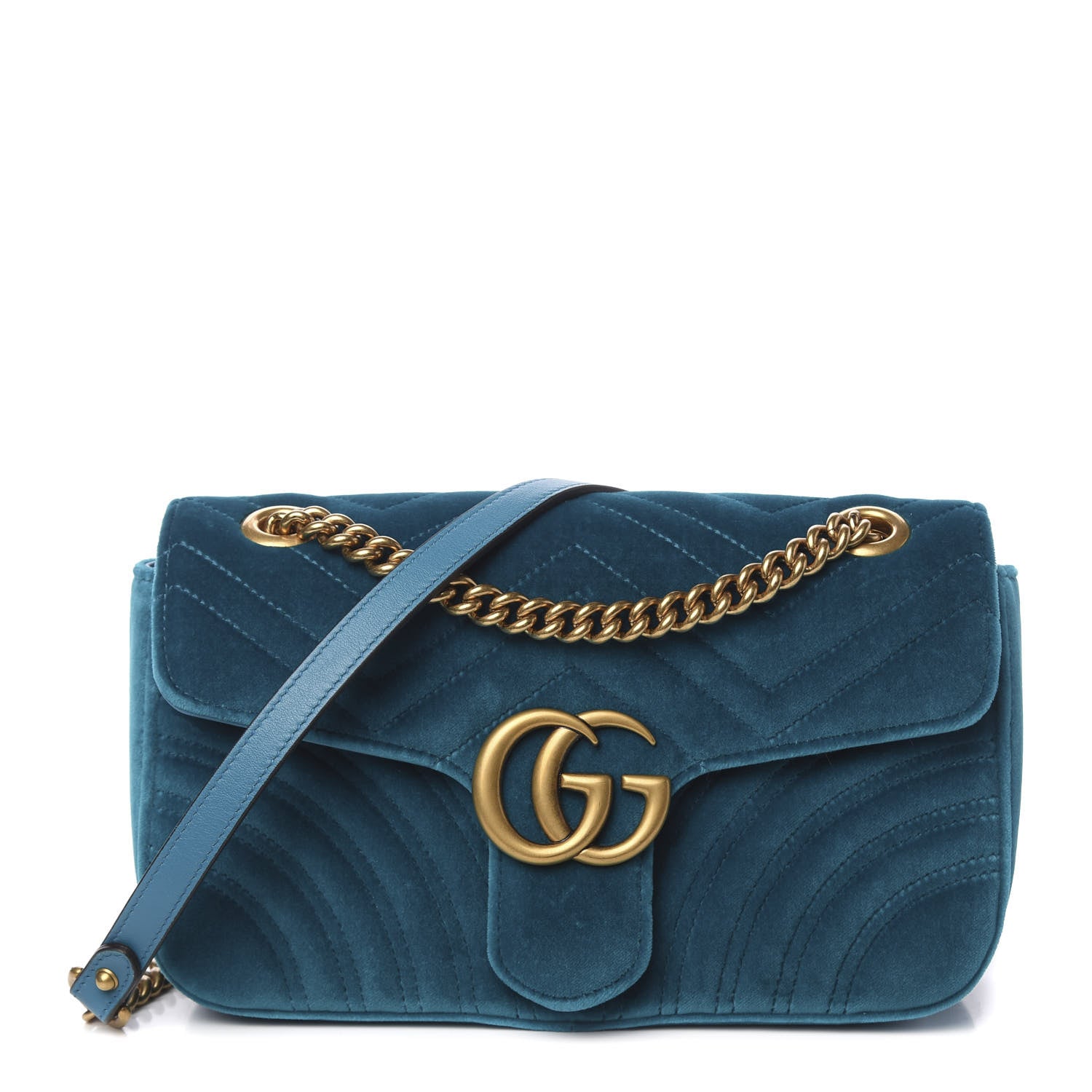 Gucci Velvet Matelasse Small GG Marmont Shoulder Bag Pavone Cyan 1 of 10