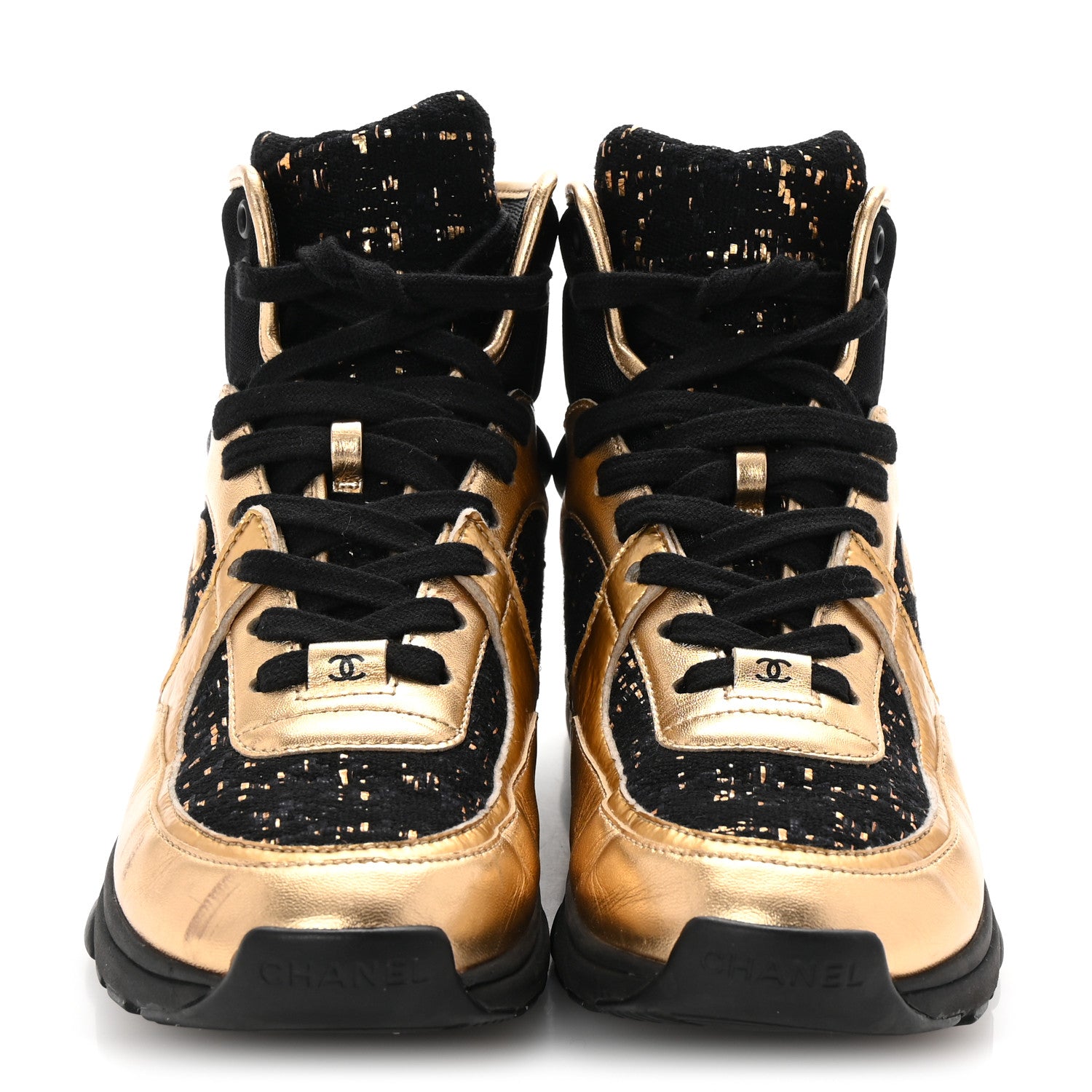 Chanel Satin Lambskin Fabric Tweed CC High Top Sneakers 37.5  Black Gold 3 of 9