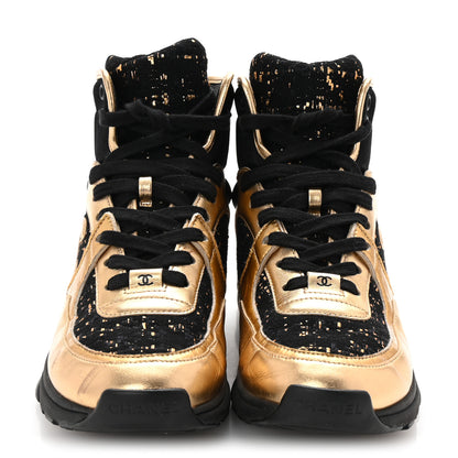 Chanel Satin Lambskin Fabric Tweed CC High Top Sneakers 37.5  Black Gold 3 of 9