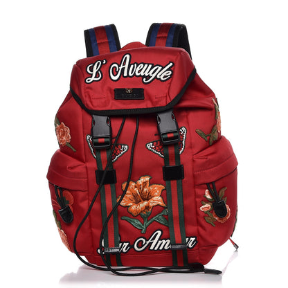 Gucci Techno Canvas L'Aveugle Par Amour Embroidered Double Buckle Backpack Red 1 of 7