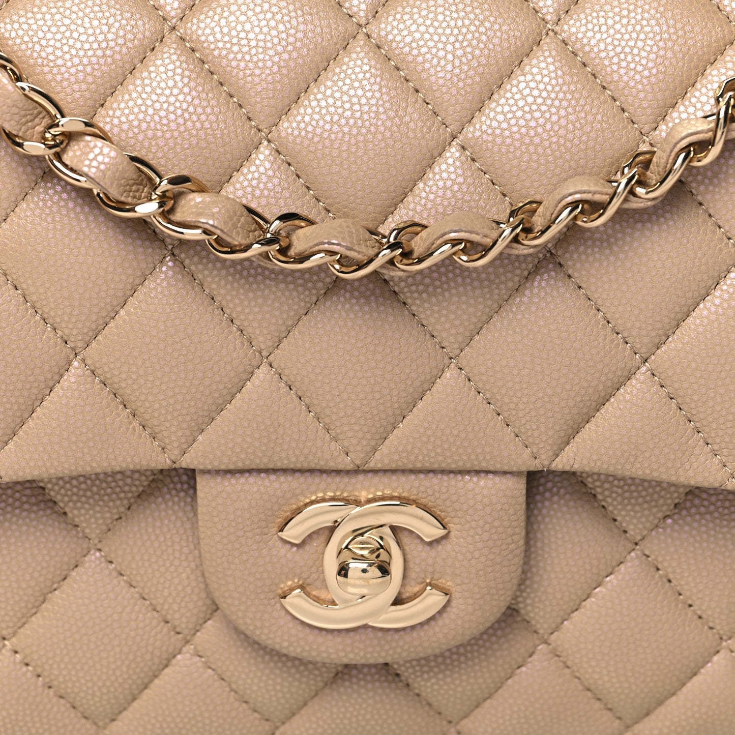 Iridescent Caviar Quilted Medium Double Flap Dark Beige
