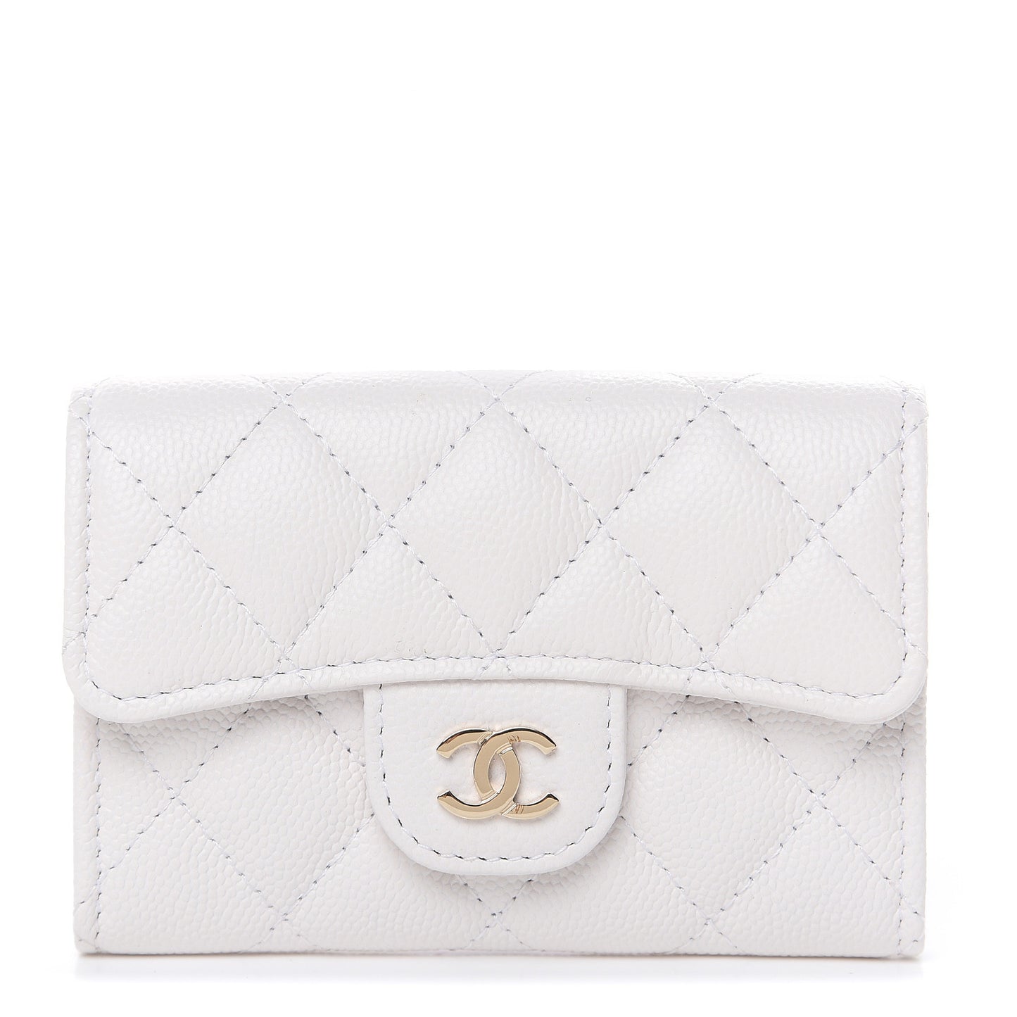 Caviar Quilted Flap Card Holder Wallet White