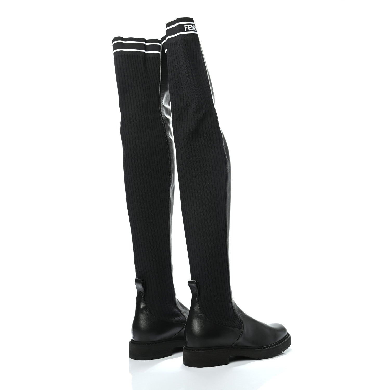 Fendi Nappa Stretch Fabric Logo Rockoko Thigh High Boots 37 Black White 4 of 7