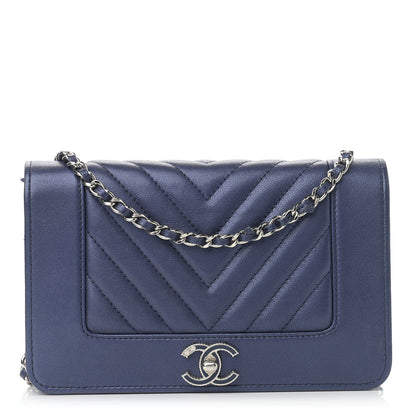 Chanel Metallic Sheepskin Chevron Quilted Vintage Mademoiselle Wallet On Chain WOC Navy 1 of 15